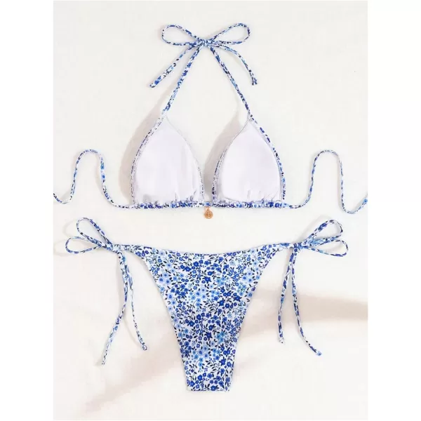 WDIRARA Women's 2 Piece Floral Print Swimsuits Geometric Halter String Triangle Bikini Set Beach Bathing Suit