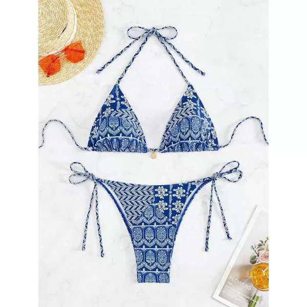 WDIRARA Women's 2 Piece Floral Print Swimsuits Geometric Halter String Triangle Bikini Set Beach Bathing Suit