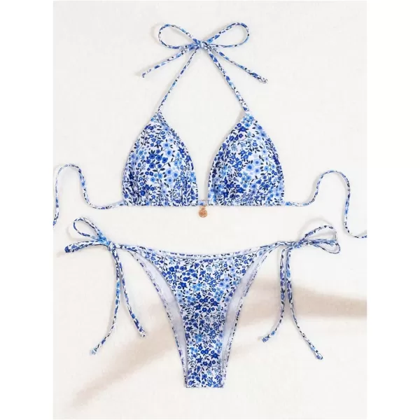 WDIRARA Women's 2 Piece Floral Print Swimsuits Geometric Halter String Triangle Bikini Set Beach Bathing Suit