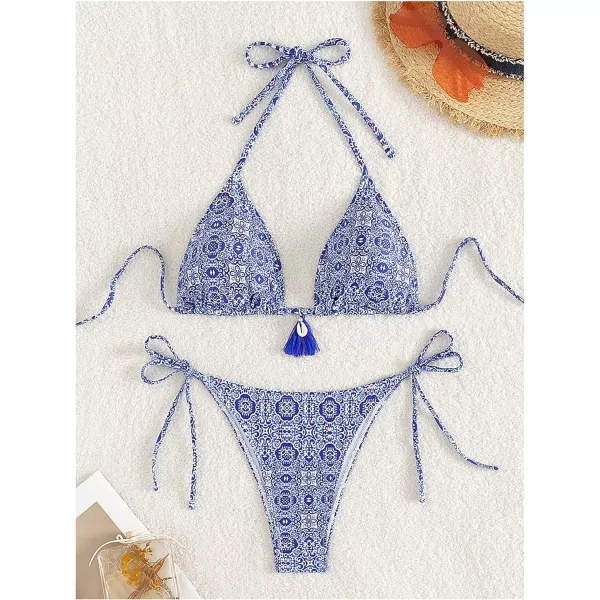 WDIRARA Women's 2 Piece Floral Print Swimsuits Geometric Halter String Triangle Bikini Set Beach Bathing Suit