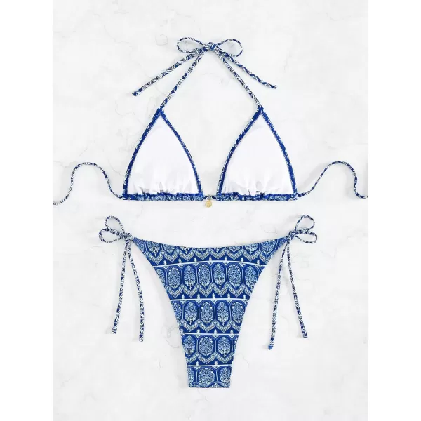 WDIRARA Women's 2 Piece Floral Print Swimsuits Geometric Halter String Triangle Bikini Set Beach Bathing Suit