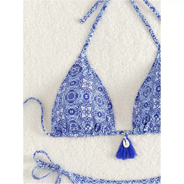 WDIRARA Women's 2 Piece Floral Print Swimsuits Geometric Halter String Triangle Bikini Set Beach Bathing Suit
