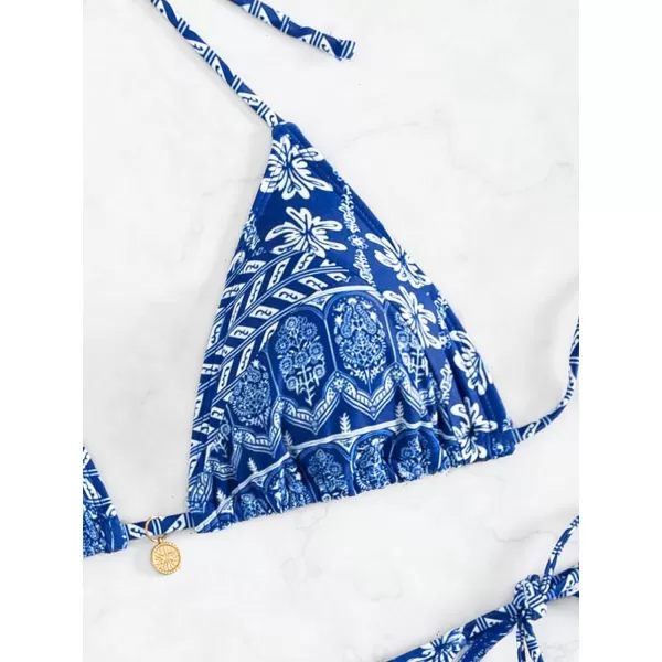 WDIRARA Women's 2 Piece Floral Print Swimsuits Geometric Halter String Triangle Bikini Set Beach Bathing Suit