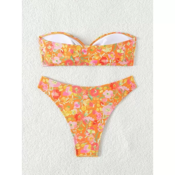 WDIRARA Women's 2 Piece Floral Print Swimsuits Ring Strapless Bandeau Bikini Set Cheeky Bathing Suit