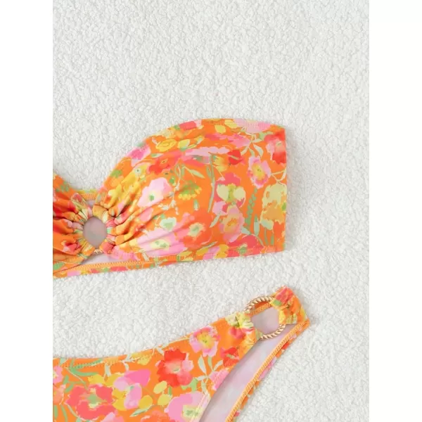 WDIRARA Women's 2 Piece Floral Print Swimsuits Ring Strapless Bandeau Bikini Set Cheeky Bathing Suit