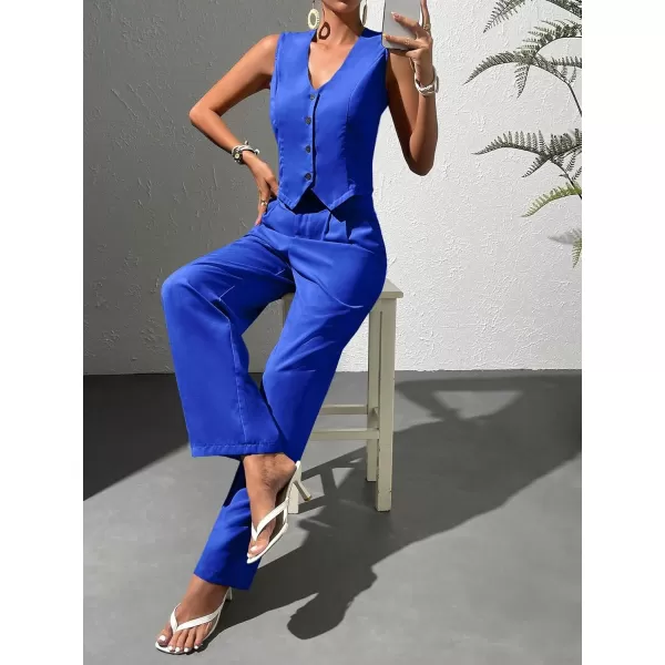 WDIRARA Women's 2 Piece Outfits Button Front Waistcoat Sleeveless V Neck Vest Jacket and Pants