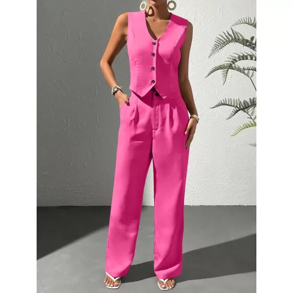 WDIRARA Women's 2 Piece Outfits Button Front Waistcoat Sleeveless V Neck Vest Jacket and Pants