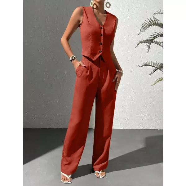 WDIRARA Women's 2 Piece Outfits Button Front Waistcoat Sleeveless V Neck Vest Jacket and Pants