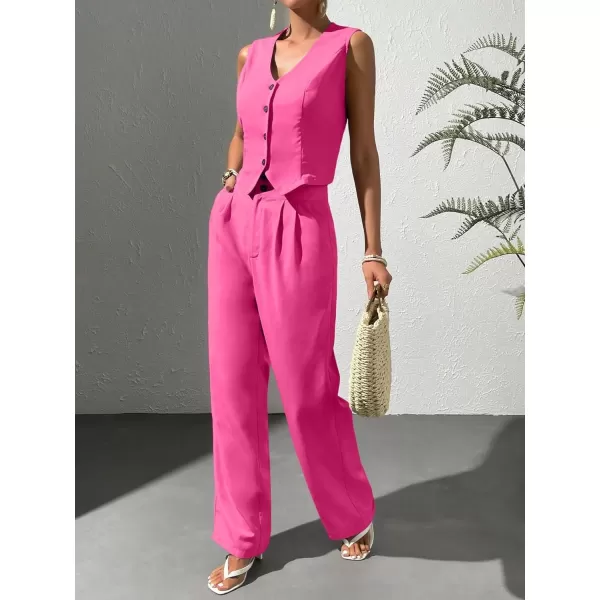 WDIRARA Women's 2 Piece Outfits Button Front Waistcoat Sleeveless V Neck Vest Jacket and Pants