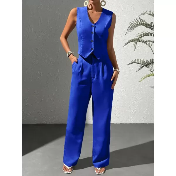 WDIRARA Women's 2 Piece Outfits Button Front Waistcoat Sleeveless V Neck Vest Jacket and Pants