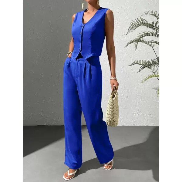 WDIRARA Women's 2 Piece Outfits Button Front Waistcoat Sleeveless V Neck Vest Jacket and Pants