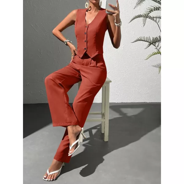 WDIRARA Women's 2 Piece Outfits Button Front Waistcoat Sleeveless V Neck Vest Jacket and Pants