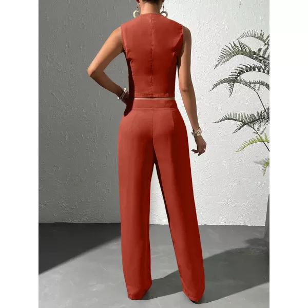WDIRARA Women's 2 Piece Outfits Button Front Waistcoat Sleeveless V Neck Vest Jacket and Pants