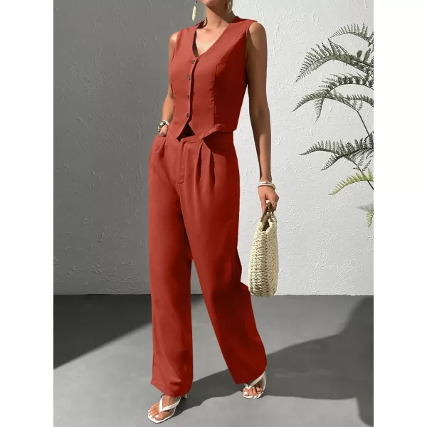WDIRARA Women's 2 Piece Outfits Button Front Waistcoat Sleeveless V Neck Vest Jacket and Pants