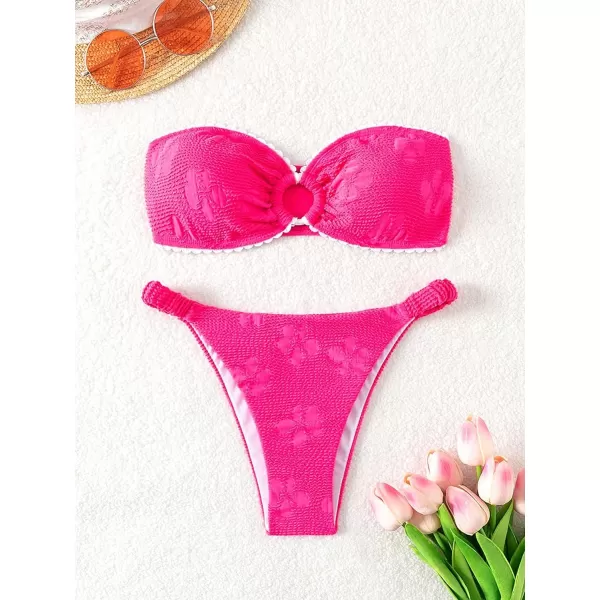 WDIRARA Women's 2 Piece Ribbed Swimsuits Ring Linked Strapless Bandeau Bikini Set Cheeky Bathing Suit