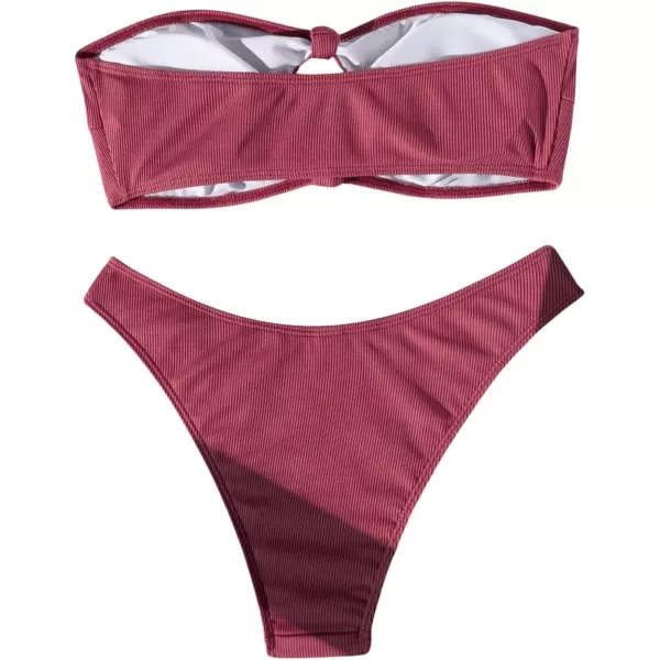 WDIRARA Women's 2 Piece Ribbed Swimsuits Ring Linked Strapless Bandeau Bikini Set Cheeky Bathing Suit