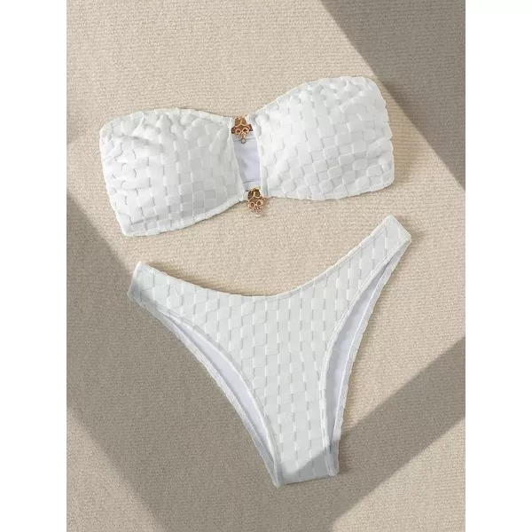 WDIRARA Women's 2 Piece Ribbed Swimsuits Ring Linked Strapless Bandeau Bikini Set Cheeky Bathing Suit