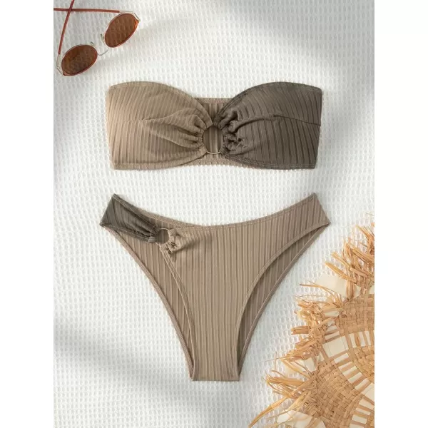 WDIRARA Women's 2 Piece Ribbed Swimsuits Ring Linked Strapless Bandeau Bikini Set Cheeky Bathing Suit