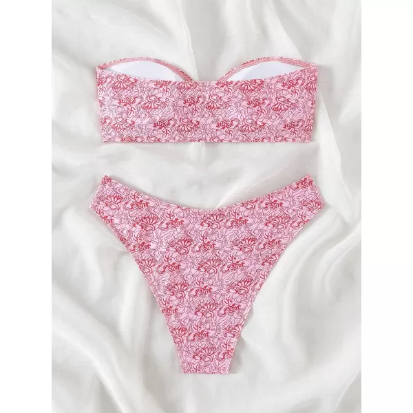 WDIRARA Women's 2 Piece Ribbed Swimsuits Ring Linked Strapless Bandeau Bikini Set Cheeky Bathing Suit