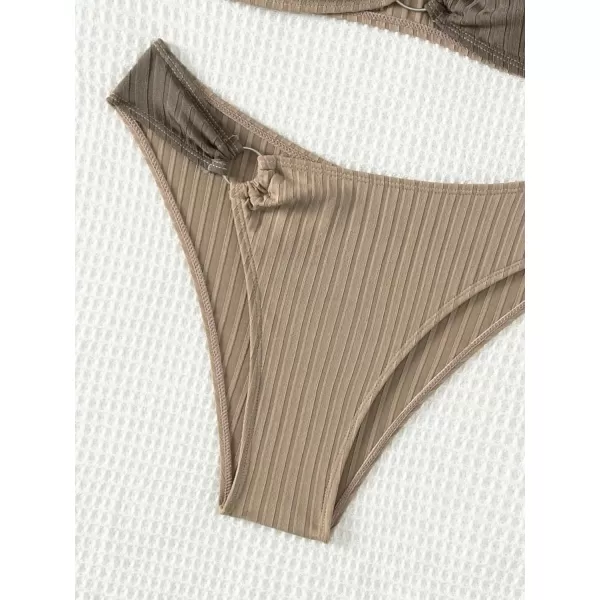 WDIRARA Women's 2 Piece Ribbed Swimsuits Ring Linked Strapless Bandeau Bikini Set Cheeky Bathing Suit