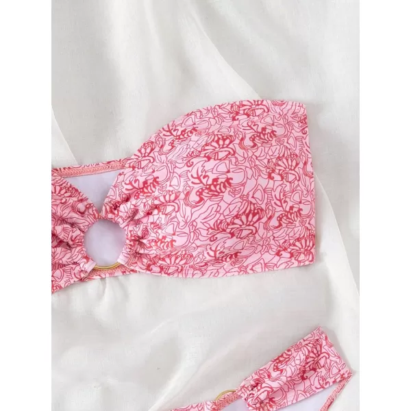 WDIRARA Women's 2 Piece Ribbed Swimsuits Ring Linked Strapless Bandeau Bikini Set Cheeky Bathing Suit