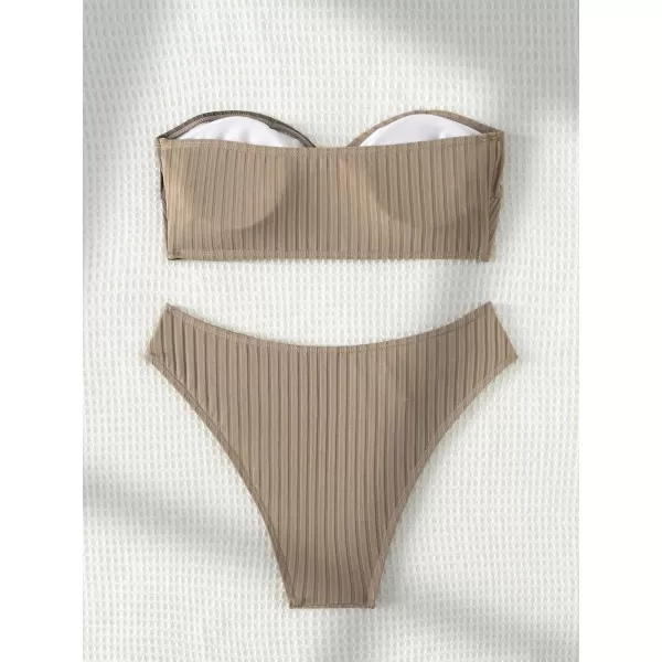 WDIRARA Women's 2 Piece Ribbed Swimsuits Ring Linked Strapless Bandeau Bikini Set Cheeky Bathing Suit