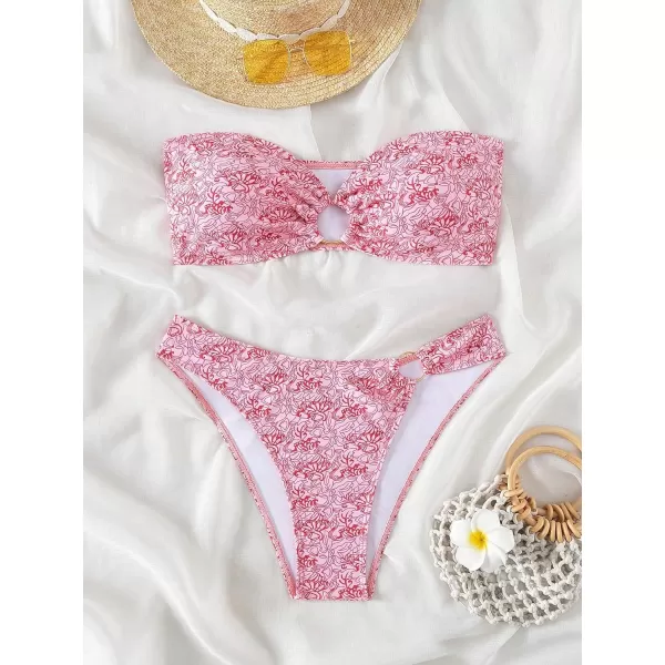 WDIRARA Women's 2 Piece Ribbed Swimsuits Ring Linked Strapless Bandeau Bikini Set Cheeky Bathing Suit