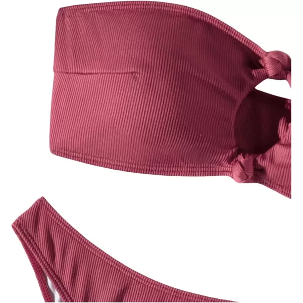 WDIRARA Women's 2 Piece Ribbed Swimsuits Ring Linked Strapless Bandeau Bikini Set Cheeky Bathing Suit