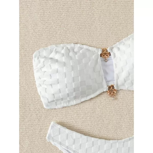 WDIRARA Women's 2 Piece Ribbed Swimsuits Ring Linked Strapless Bandeau Bikini Set Cheeky Bathing Suit