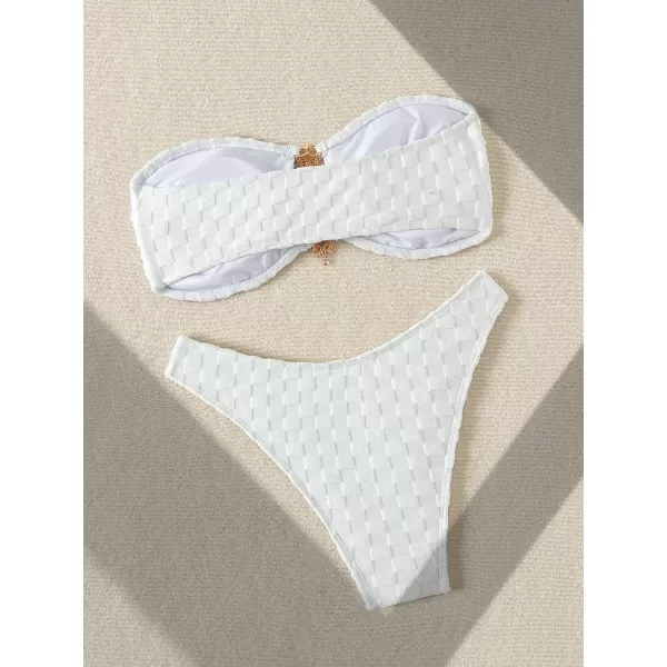 WDIRARA Women's 2 Piece Ribbed Swimsuits Ring Linked Strapless Bandeau Bikini Set Cheeky Bathing Suit