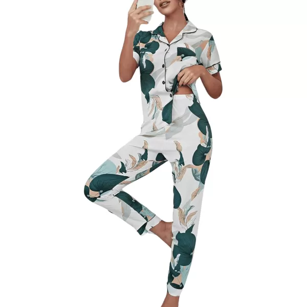 WDIRARA Women's 2 Piece Satin Pajamas Floral Silk Short Sleeve Button Down Shirt and Pants Pajama Pj Set