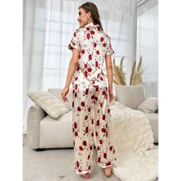 WDIRARA Women's 2 Piece Satin Pajamas Floral Silk Short Sleeve Button Down Shirt and Pants Pajama Pj Set