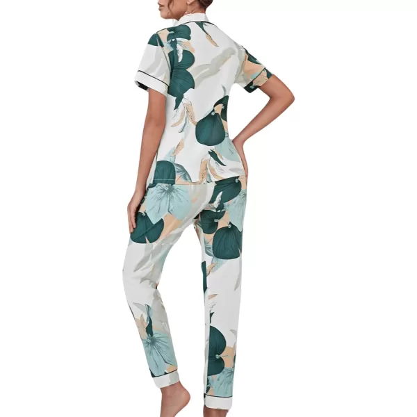 WDIRARA Women's 2 Piece Satin Pajamas Floral Silk Short Sleeve Button Down Shirt and Pants Pajama Pj Set