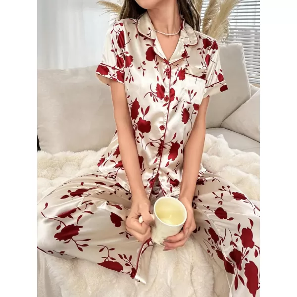 WDIRARA Women's 2 Piece Satin Pajamas Floral Silk Short Sleeve Button Down Shirt and Pants Pajama Pj Set