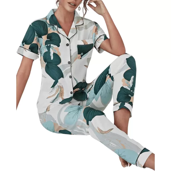 WDIRARA Women's 2 Piece Satin Pajamas Floral Silk Short Sleeve Button Down Shirt and Pants Pajama Pj Set
