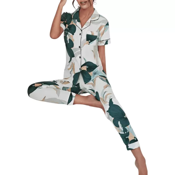 WDIRARA Women's 2 Piece Satin Pajamas Floral Silk Short Sleeve Button Down Shirt and Pants Pajama Pj Set