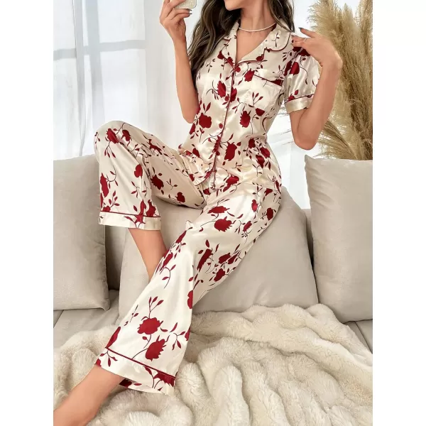 WDIRARA Women's 2 Piece Satin Pajamas Floral Silk Short Sleeve Button Down Shirt and Pants Pajama Pj Set