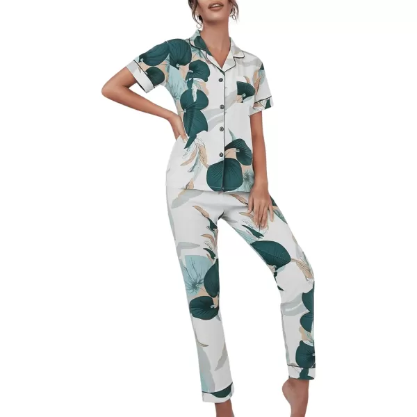 WDIRARA Women's 2 Piece Satin Pajamas Floral Silk Short Sleeve Button Down Shirt and Pants Pajama Pj Set