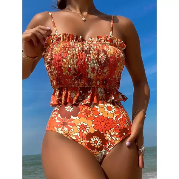 WDIRARA Women's 2 Piece Set Floral Print Tankini Swimwear Smocked Ruffle Hem Onepiece Swimsuit Bikini Set