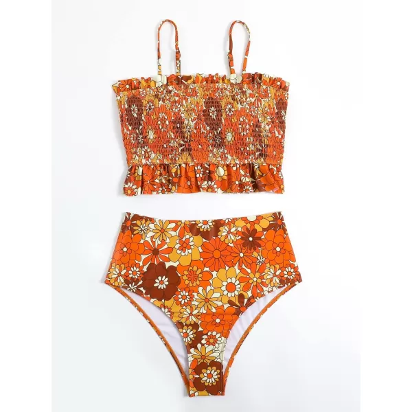 WDIRARA Women's 2 Piece Set Floral Print Tankini Swimwear Smocked Ruffle Hem Onepiece Swimsuit Bikini Set