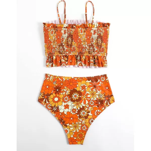WDIRARA Women's 2 Piece Set Floral Print Tankini Swimwear Smocked Ruffle Hem Onepiece Swimsuit Bikini Set