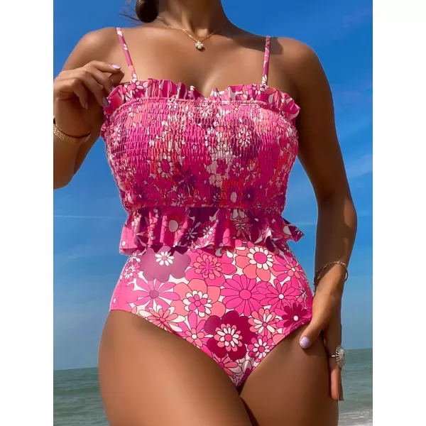 WDIRARA Women's 2 Piece Set Floral Print Tankini Swimwear Smocked Ruffle Hem Onepiece Swimsuit Bikini Set