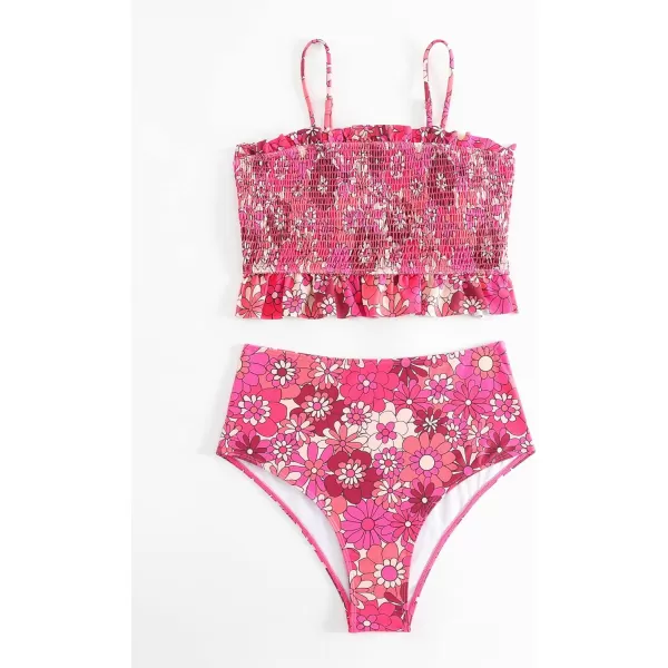 WDIRARA Women's 2 Piece Set Floral Print Tankini Swimwear Smocked Ruffle Hem Onepiece Swimsuit Bikini Set