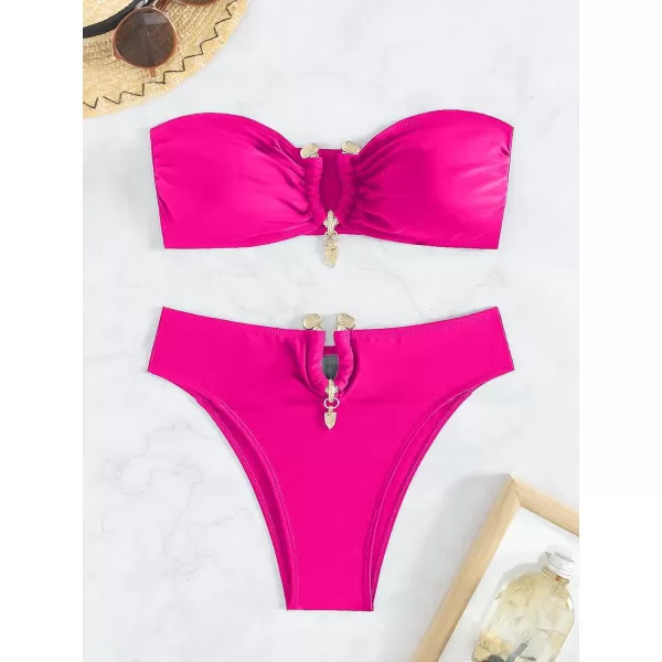 WDIRARA Women's 2 Piece Sexy Metal Ring Bandeau Bikini Set High Waist Notch V Neck Swimsuit Y2K Bathing Suit