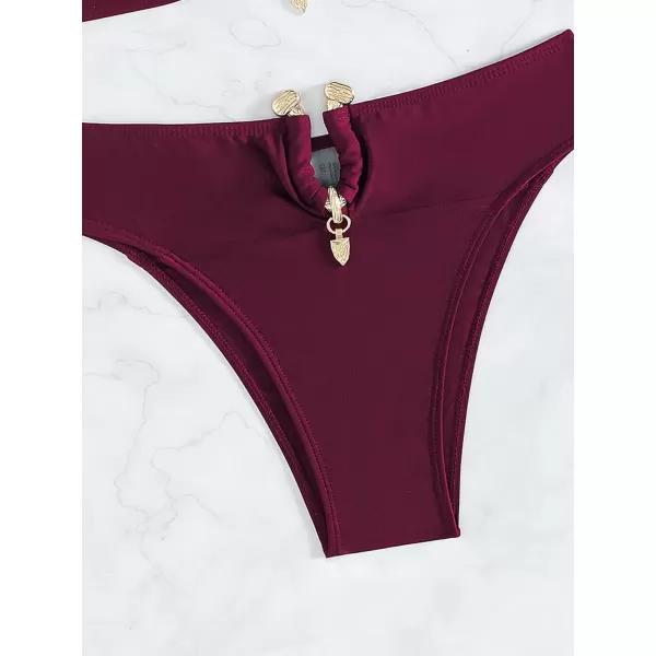 WDIRARA Women's 2 Piece Sexy Metal Ring Bandeau Bikini Set High Waist Notch V Neck Swimsuit Y2K Bathing Suit