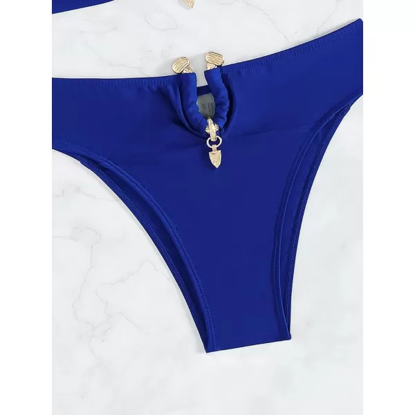 WDIRARA Women's 2 Piece Sexy Metal Ring Bandeau Bikini Set High Waist Notch V Neck Swimsuit Y2K Bathing Suit