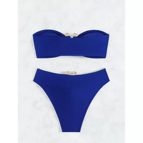 WDIRARA Women's 2 Piece Sexy Metal Ring Bandeau Bikini Set High Waist Notch V Neck Swimsuit Y2K Bathing Suit
