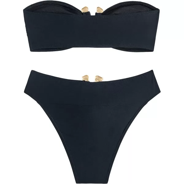 WDIRARA Women's 2 Piece Sexy Metal Ring Bandeau Bikini Set High Waist Notch V Neck Swimsuit Y2K Bathing Suit