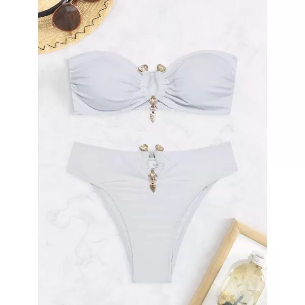 WDIRARA Women's 2 Piece Sexy Metal Ring Bandeau Bikini Set High Waist Notch V Neck Swimsuit Y2K Bathing Suit