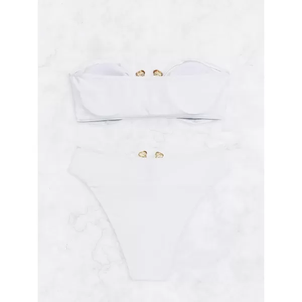 WDIRARA Women's 2 Piece Sexy Metal Ring Bandeau Bikini Set High Waist Notch V Neck Swimsuit Y2K Bathing Suit